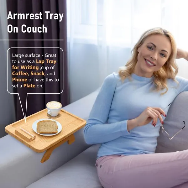 SINWANT Couch Arm Tray,Bamboo Sofa Tray Table Clip on Side Table for Wide Couch,Foldable Couch Tray with 360° Phone Holder,Couch Arm Table for Eating/Drinks/Snacks/Remote/Control