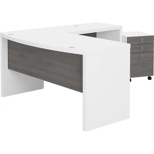 Bush Business Furniture Echo L Shaped Bow Front Desk with Mobile File Cabinet, 60W, Pure White and Modern Gray