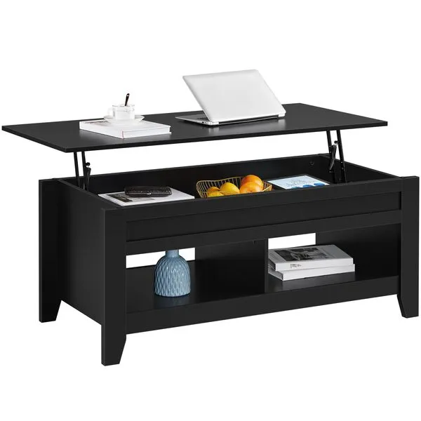Yaheetech Black Coffee Table, Lift Top Coffee Table with Hidden Storage Compartment & Open Shelf, Lift Tabletop Pop-Up Coffee Table for Living Room Reception, 47.5inch L