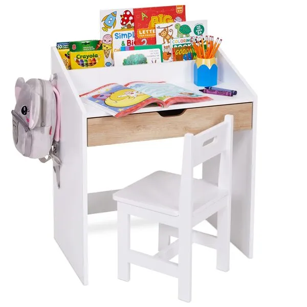 Lil\' Jumbl Toddler Wooden Study Desk and Chair Set, Home School Learning Workstation with Writing Table, Storage Drawer, Tabletop Organizer & Hanging Hooks for Children Studying, Reading & Drawing