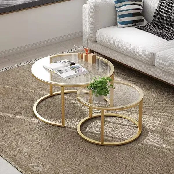 HEONITURE Gold Nesting Coffee Table Set of 2, Small Glass Nesting Tables for Living Room Bedroom, Accent Tea Table with Metal Frame