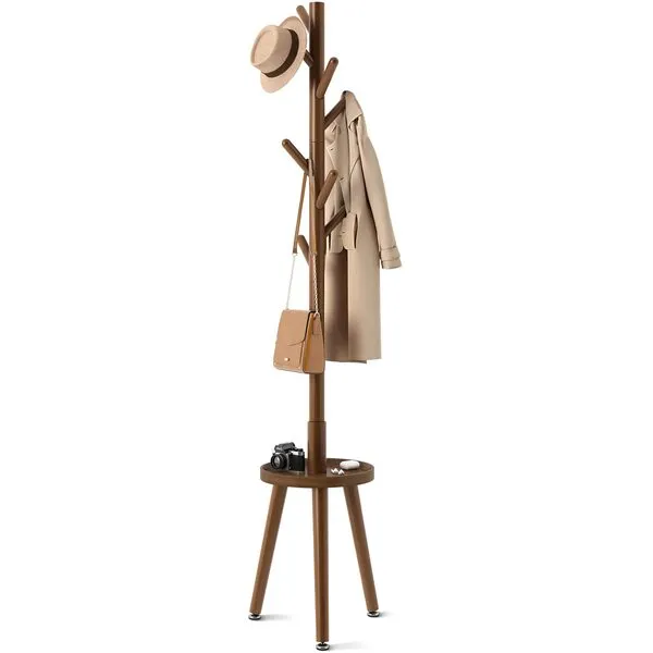 GREENSTELL Coat Rack with 8 Hooks, Wooden Coat Rack Freestanding with Shelf, Coat Tree with 4 Height Options 50.5