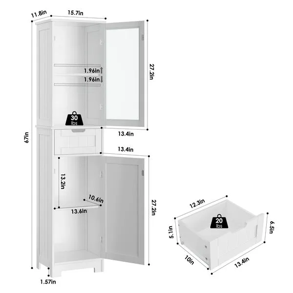 HORSTORS Bathroom Cabinet, Storage Cabinet with 2 Doors & 1 Drawer, Floor Freestanding Cabinet with Adjustable Shelves, Narrow Tall Cabinet for Bathroom, Living Room, Home Office, White