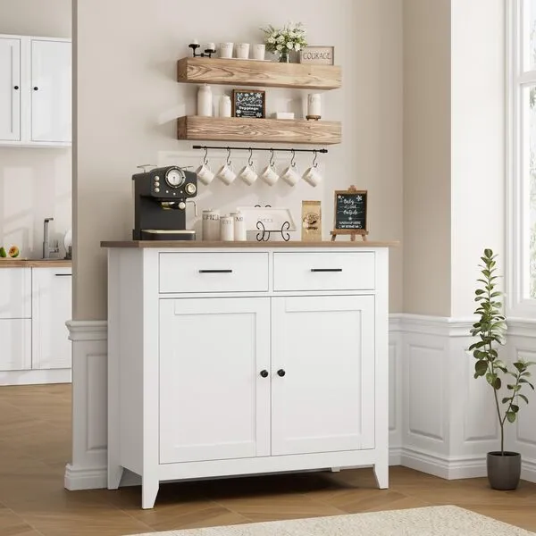 HORSTORS Kitchen Storage Cabinet with Drawers and Doors, Floor Sideboard and Buffet Server Cabinet, Entryway Console Cabinet for Living Room, Dining Room, Bathroom, Ivory White