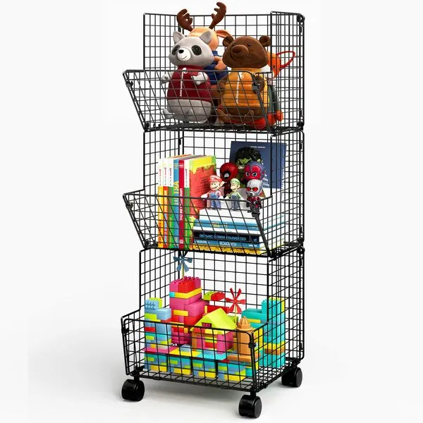 Sonyabecca Toy Organizer Basket Shelf with Wheel, S-Hooks, Rolling Cart Hanging Storage Baskets for Child Room, Playroom, Bedroom, Kitchen (Black)