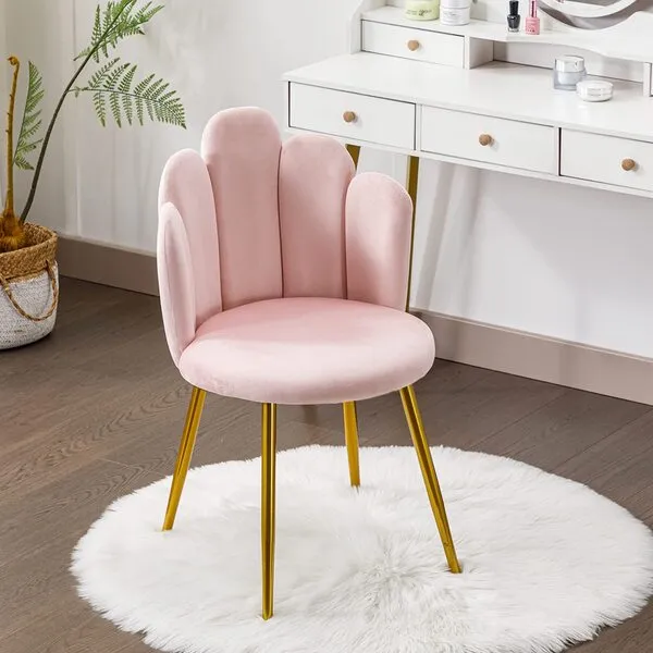 BOWTHY Vanity Chair for Makeup Room - Midcentury Modern Accent Velvet Chair with Back Support, Gold Legs for Living Room Bedroom, (Pink)