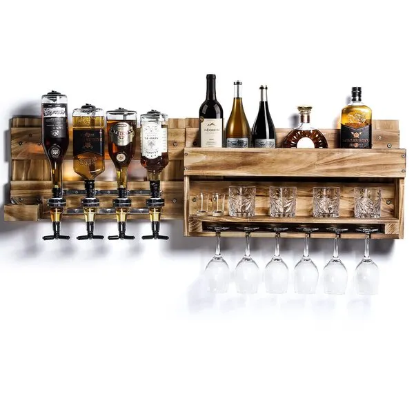 Homde Wine Rack Wall Mounted Wood Wine Shelf with Bottle Stemware Glass Holder Rustic Wine Display Storage Rack with 4-Bottle Liquor Dispenser for Home Bar Kitchen Decor (Regular Without LED)