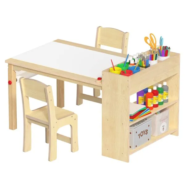 GDLF Kids Art Table and 2 Chairs, Wooden Drawing Desk, Activity & Crafts, Children\'s Furniture, 42x23
