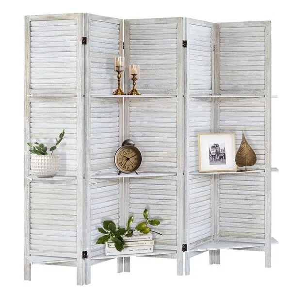 AMBITION LAND Room Divider, Privacy Screen, Room Dividers and Folding Privacy Screens Room Divider Wall Privacy Panels Room Divider with Shelves, Room Partition Separator, 5 Panel Coconut White