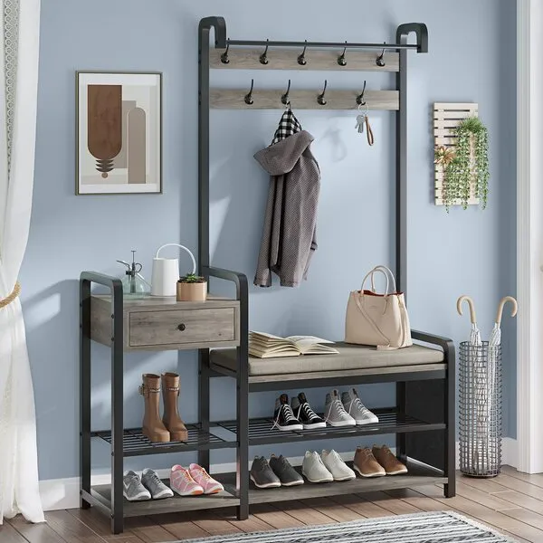 Itaar Hall Tree, Entryway Bench, Shoe Rack for Entryway, Coat Rack Furniture with Storage, Soft Cushion and Hanging Rod, Oak Grey