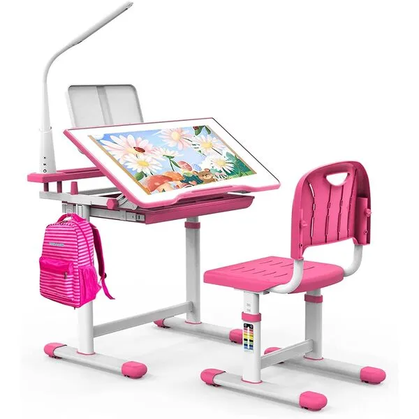 BELANITAS Kids Desk and Chair Set Multi Functional Kids School Desk for Kids 5-8 Years Kids Study Desk with 40 Degree Tiltable Desktop, Girl’s Desk with Light, Birthday Gift,Pink