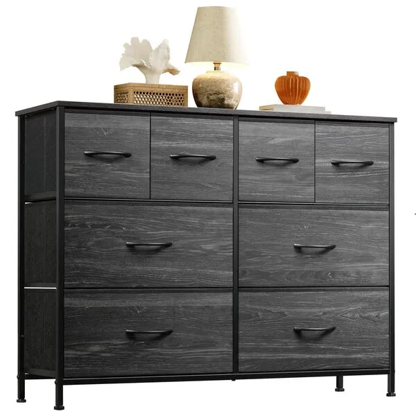 WLIVE Dresser for Bedroom with 8 Drawers, Wide Fabric Dresser for Storage and Organization, Bedroom Dresser, Chest of Drawers for Living Room, Closet, Hallway, Charcoal Black Wood Grain Print
