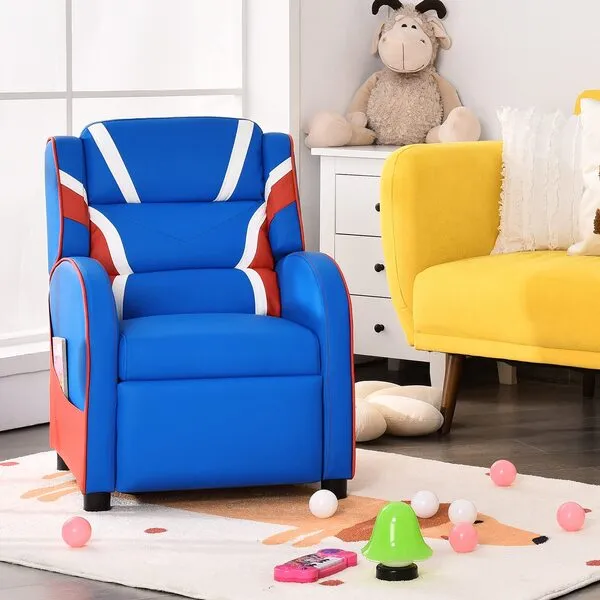 LDAILY Kids Recliner, Ergonomic Kids Reclining Chair with Side Pockets & Adjustable Footrest, PU Leather, Upholstered Toddler Lounge Chair for 3-8 Years, Toddler Recliner for Living Room (Blue)