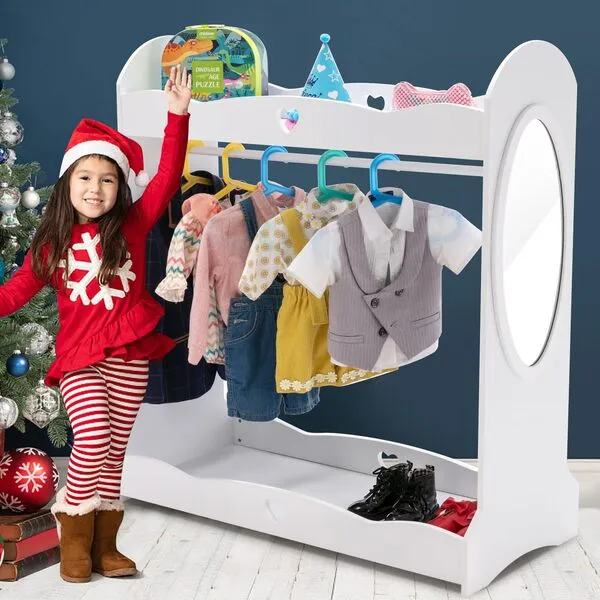 COSVALVE Kids Armoire Dress-Up Storage w/Mirror,Dress up Closet,Dress up Wardrobe,Open Hanging Costume Armoire Closet w/Side Pockets, Hook,Top Shelf, Shoes Storage for Bedroom, White