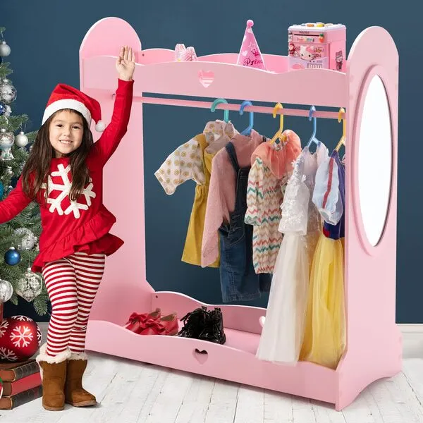 COSVALVE Kids Armoire Dress-Up Storage w/Mirror,Dress up Closet,Pink Dress up Wardrobe,Open Hanging Costume Armoire Closet w/Side Pockets, Hook,Top Shelf, Shoes Storage for Bedroom Girls Room