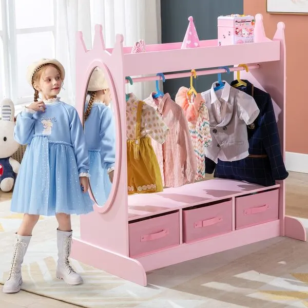 COSVALVE Kids Armoire Dress-Up Storage w/Mirror and Drawers,Dress up Closet,Costume Dress up Wardrobe, Pretend Storage Closet w/Side Pocket Top Shelf Shoes Storage,Lovely Pink for Girls Room