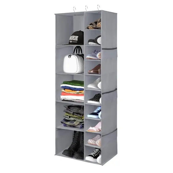 Libeder Shoe Organizer for Closet, 15 Shelf Hanging Closet Storage Shelves - 10 Shoe Rack Organizer and 5 Compartment for Clothes with 6 Side Mesh Pockets for Scarves Socks,Gloves Grey