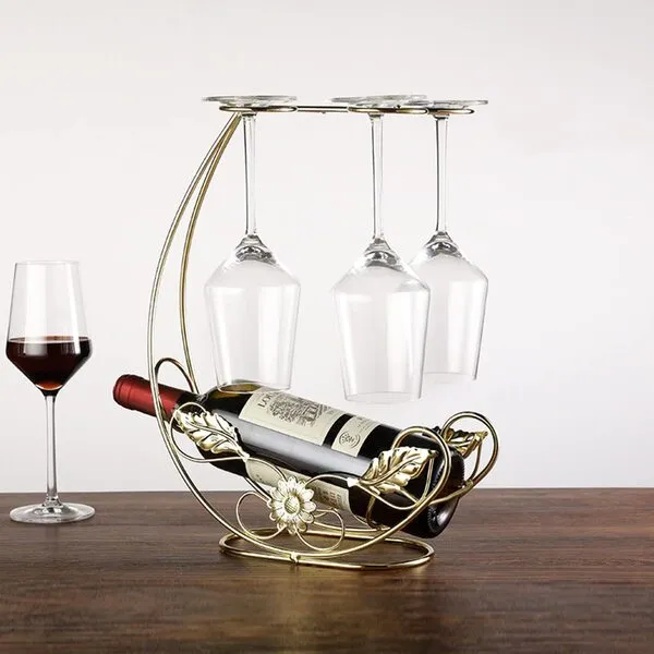 Homya Tabletop Wine Rack, Kitchen Bar Metal Fine Forged Wine Glass Display Holder, Holds 1 Wine Bottle and 4 Wine Glasses, Table Wine Bottle Accessories, Gold