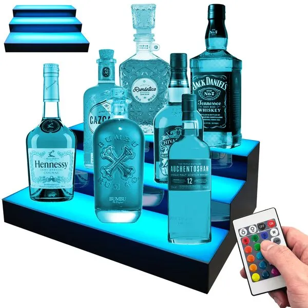 Royxen LED Lighted Liquor Bottle Shelf 3 Tier, 16 Inch Bar Shelf with Remote, Bottle Stand Multi-Color Lighting Modes for Bars