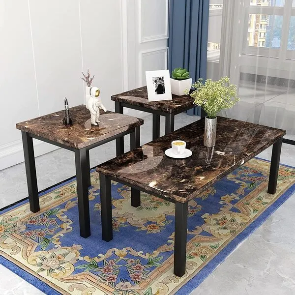 MOOSENG 3 Piece Coffee, Living Room 3PCS Set with Faux Marble Tabletop, includes CoffeeTable and 2 End Tables, 42.1
