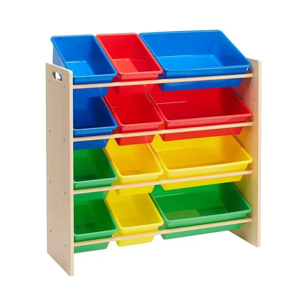 Amazon Basics Kids Toy Storage Organizer With 12 Plastic Bins, Natural Wood With Bright Bins, 10.9