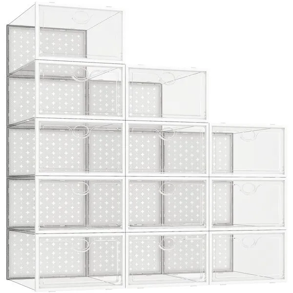Pinkpum Shoe Storage Boxes, Shoe Organizer for Closet Clear, Shoe Boxes Clear Plastic Stackable, Folable Storage Bins with Lids, 12 Pack Sneaker Storage Box Shoe Rack Containers Bins Holders Cabinet