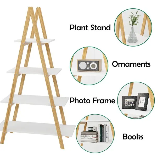 OQSC 4-Tier Ladder Bookcase with Solid Bamboo Frame A Shape Multifunctional Display Shelf Ladder Shelf freestanding for Home Office,white/wood (A-Frame shelf)