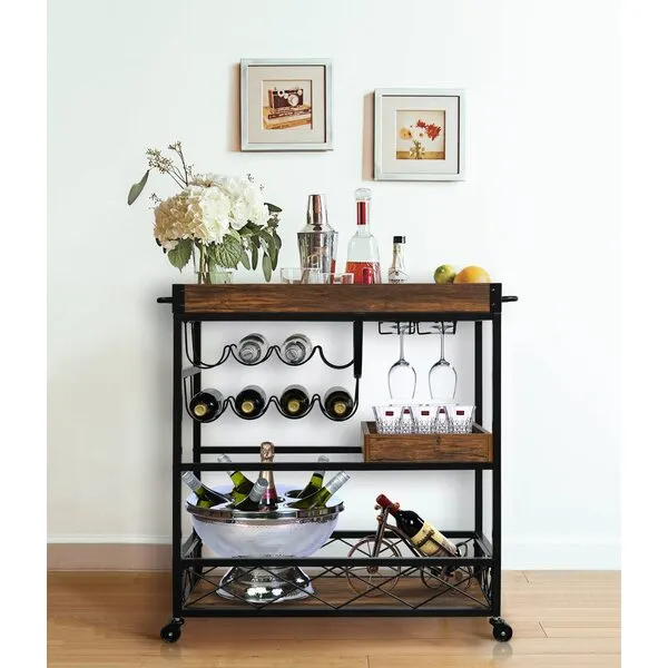 Ohsuaniy Bar Cart for The Home, 3 Tire Industrial Rolling Serving Cart on Lockable Wheels, Alcoholic Beverage Trolley with 2 Removable Trays, Wine Rack and Glass Holder for Indoor, Outdoor