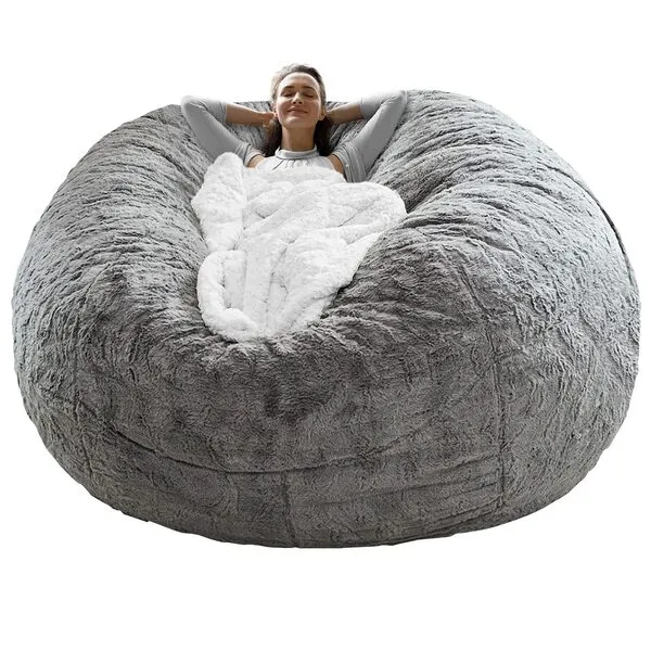 RAINBEAN Bean Bag Chair Cover(it was only a Cover, not a Full Bean Bag) Chair Cushion, Big Round Soft Fluffy PV Velvet Sofa Bed Cover, Living Room Furniture, Lazy Sofa Bed Cover,5ft Light Grey