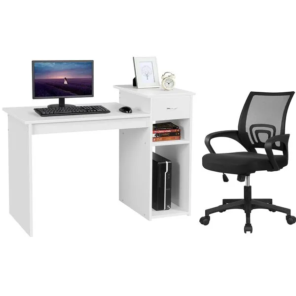 Yaheetech Home Office Computer Desk & Chair Set, 44 Inch Computer Desk with Drawer & Mesh Ergonomic Height Adjustable Office Chair, White & Black