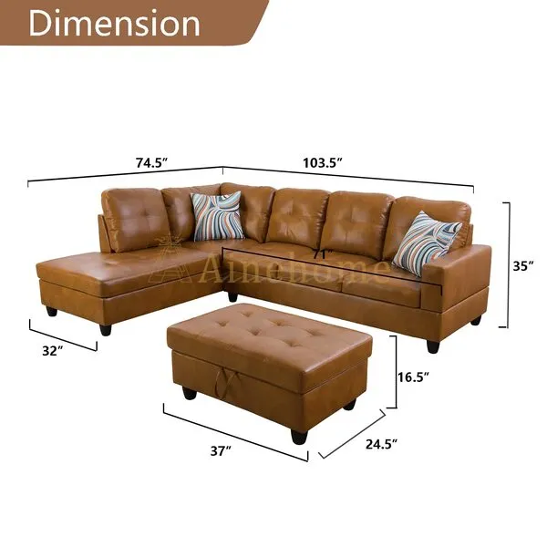A Ainehome Sectional Sofa Faux Leather Modern L Shaped Couch Set 103.5”Wide Including Chaise and 3 Seating Sofa with Storage Ottoman for Living Room Furniture (Left Hand Facing, A-Ginger)