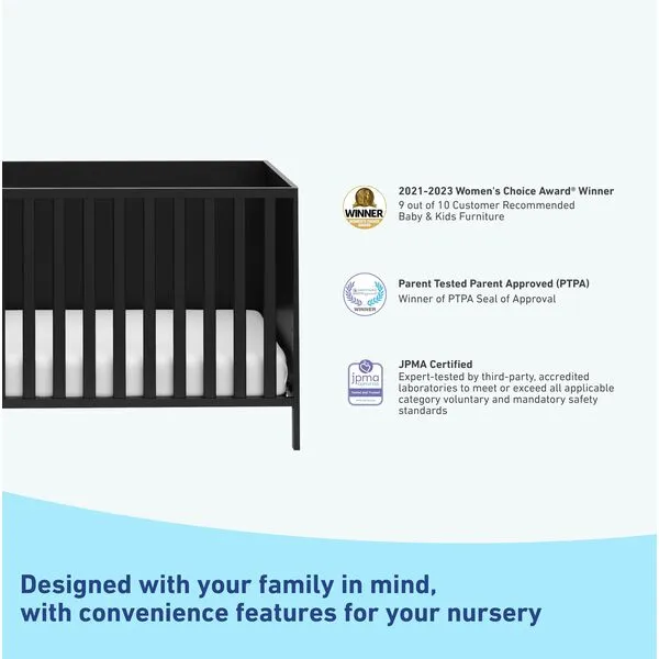 Graco Theo Convertible Crib (Black) – GREENGUARD Gold Certified, Converts from Baby Crib to Toddler Bed and Daybed, Fits Standard Full-Size Crib Mattress, Adjustable Mattress Support Base