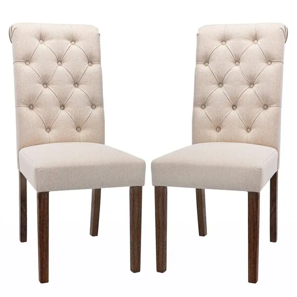 COLAMY Tufted Dining Room Chairs Set of 2, Accent Parsons Diner Chairs Upholstered Fabric Side Stylish Kitchen Chairs with Solid Wood Legs and Padded Seat - Beige