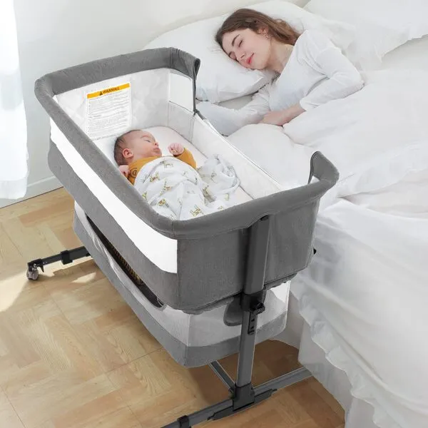 Ihoming Bassinet Bedside Sleeper for Baby, 3 in 1 Convertible Design, lnfant Bed & Bed Side Sleeper & Cradle Bassinets, Newborn Bedside Crib Attaches to Bed, Deep Grey