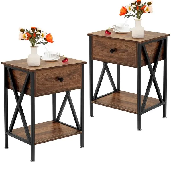 VECELO Nightstands Set of 2, Modern Side End Tables with Drawer and Storage Shelf for Living Room Bedroom, Industrial Wood & Metal Frame, Night Stands, Brown