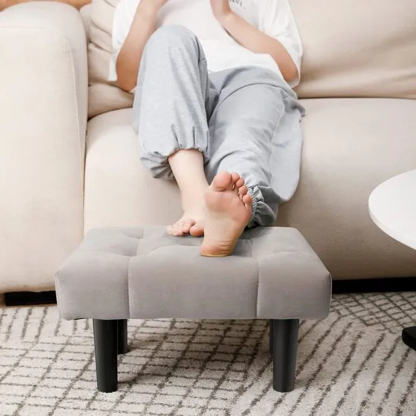HOUCHICS Small Footstool Ottoman, Velvet Wooden Foot Stool Ottoman with Wood Legs, Sofa Footrest Extra Seating for Living Room Entryway Office(Grey 1PACK)