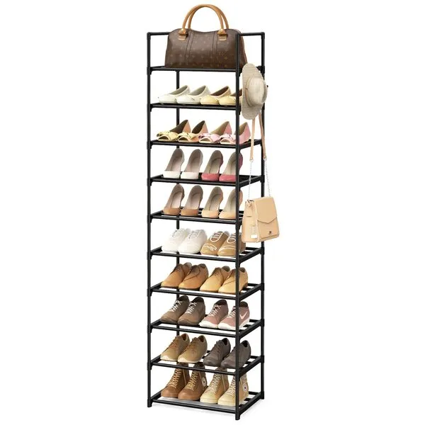 WEXCISE Narrow Shoe Rack 10 Tiers Tall Shoe Rack for Entryway 20 24 Pairs Shoe & Boots Organizer Storage Shelf Durable Black Metal Stackable Shoe Cabinet with Hooks, 17.1D x 11.8W x 78.7H in