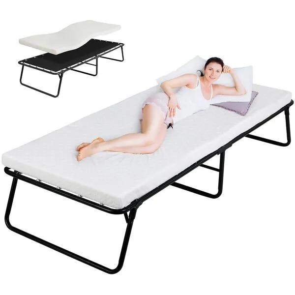 Folding Bed,Rollaway Bed with Mattress for Adults,Foldable Bed,Portable Bed,Metal Bed Frame with Memory Foam Mattress, Guest Bed for Bedroom,Office,Camp,No Assembly Required,(75