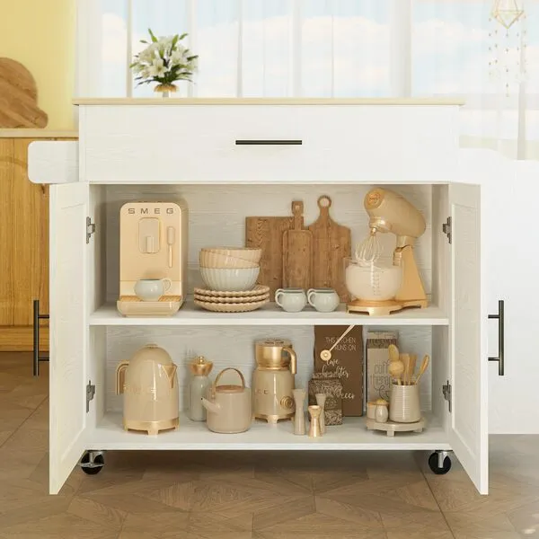 IRONCK Kitchen Island with Storage, Rolling Kitchen Island on Wheels with Drop Leaf, 3 Open Spice Rack Shelf, Door Cabinet, Drawer, Kitchen Cart Island Table for Kitchen, White