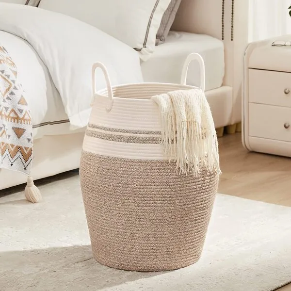65L Cotton Rope Laundry Hamper by Fiona\'s magic, Large Woven Tall Laundry Basket for Storage Clothes and Toy in Bedroom, Living Room Organizing, Collapsible, Brown & White