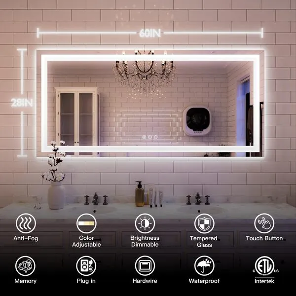 ISKM 60''x28'' LED Bathroom Mirror with Lights - Large Front and Backlit Vanity Mirror for Bathroom Wall Mounted, Defog, Dimmable, Memory Function, Tempered Glass, Shatterproof, ETL Listed