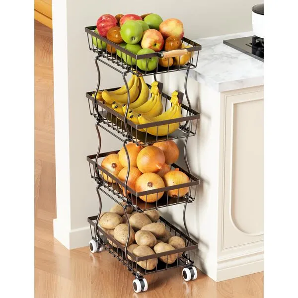 OKZEST Fruit Basket, 4-Tier Small Kitchen Organizer and Storage Cart on Wheels, Rolling Pantry Snack Cart with Handle for Storing Fruit, Potato, Onion, Snacks, Vegetables, Bread, Produce