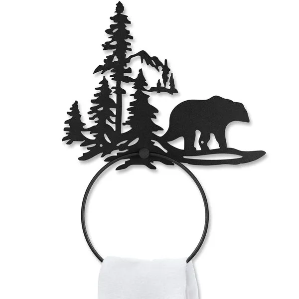 Bear Towel Ring for Bathroom Matte Black Hand Towel Holder Hardware Cabin Towel Ring Rustic Bathroom Towel Holders Wall Mount Round Hand Towel Racks Bath Towel Rings for Kitchen Decor (Bear)