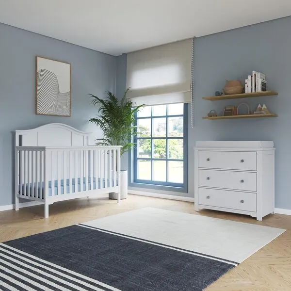 Child Craft Cottage Arch Top Crib and Dresser Nursery Set, 3-Piece, Includes 4-in-1 Convertible Crib, 3 Drawer Dresser, and Changing Table Topper, Grows with Your Baby (Matte White)