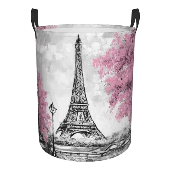 Gbuzozie 38l Round Laundry Hamper Retro Paris Eiffel Tower Storage Basket Waterproof Coating Organizer Bin For Nursery Clothes Toys