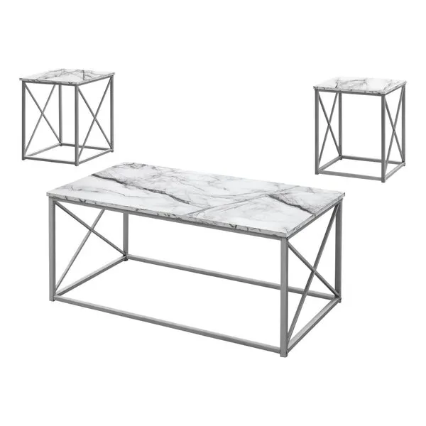 Monarch Specialties 7953P Table, 3pcs Set, Coffee, End, Side, Accent, Living Room, Metal, Laminate, White Marble Look, Grey, Contemporary, Modern Set-3Pcs Silver, 42.25