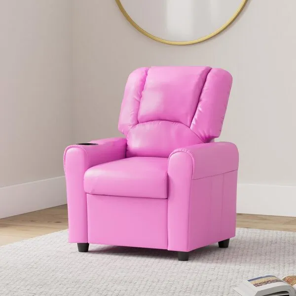 JC Home Faux Leather Youth Recliner with Footrest and Cup Holder, Kid Size, Hot Pink