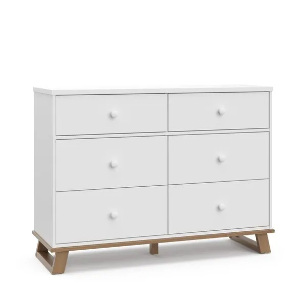 Storkcraft Modern 6 Drawer Double Dresser (White with Vintage Driftwood) – GREENGUARD Gold Certified, Modern Double Dresser for Nursery and Kids Bedroom, Wide Dresser Organizer for Children’s Bedroom