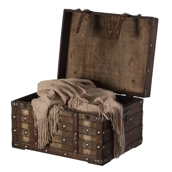 Vintiquewise Wooden Brown Storage Trunk with Faux Leather Straps and Handles, Large