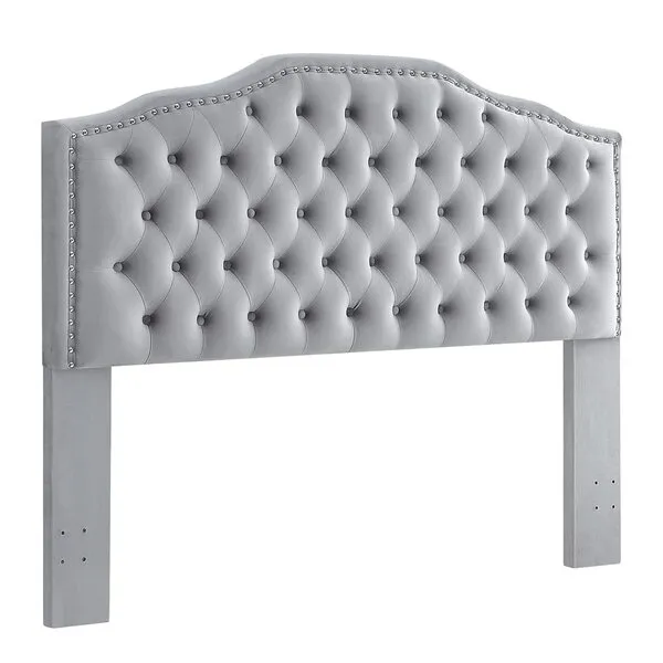 24KF Upholstered Button Tufted Queen Size Full Size Headboard with Nailhead Trim, Soft Velvet Fabric Headboard Queen/Full Size-Gray